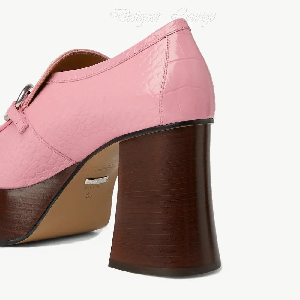 NEW GUCCI Horsebit Pink Croc Embossed Leather Platform Loafers EU 40.5 US 10.5